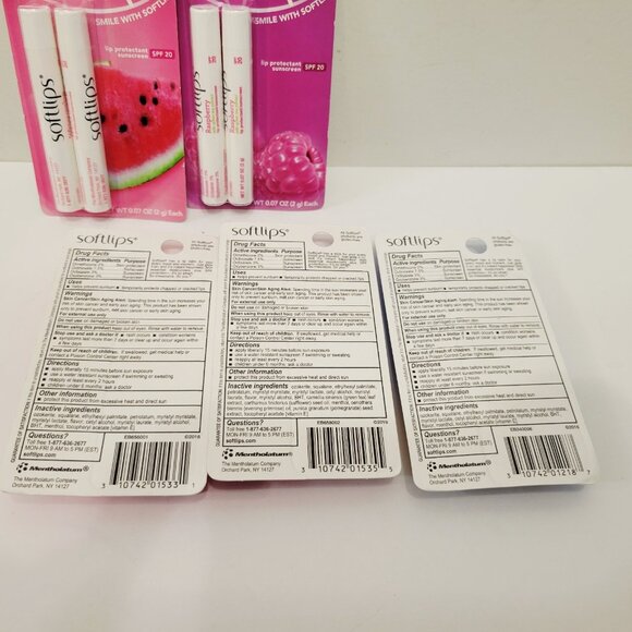 5 Packs Softlips 2 Raspberry 2 Watermelon 1 Vanilla Lip Protectant SPF 20 - Picture 2 of 2